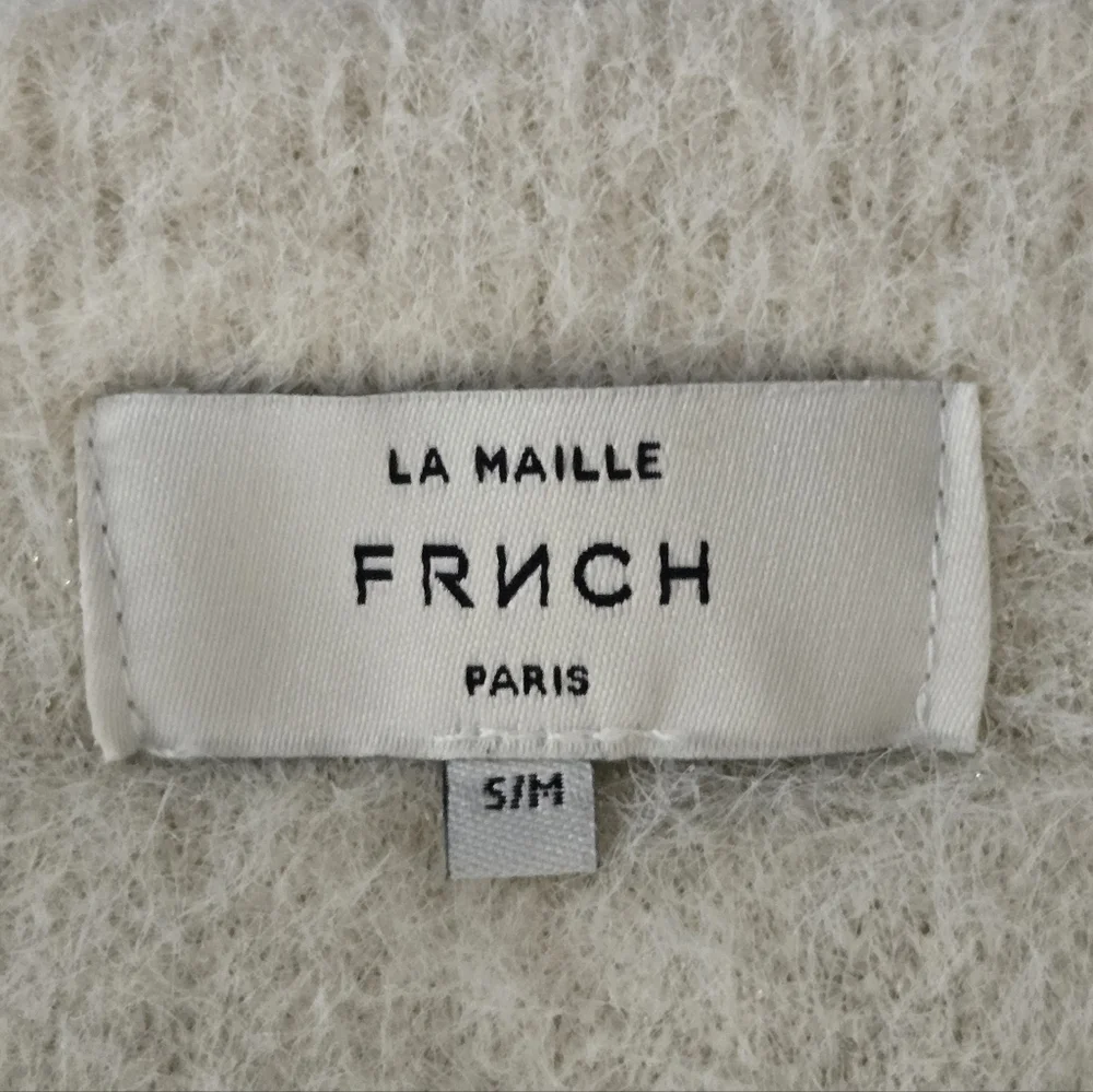 FRNCH Checker Fuzzy Knit Crewneck Sweater Neutral Tan Cream Size Small EUC